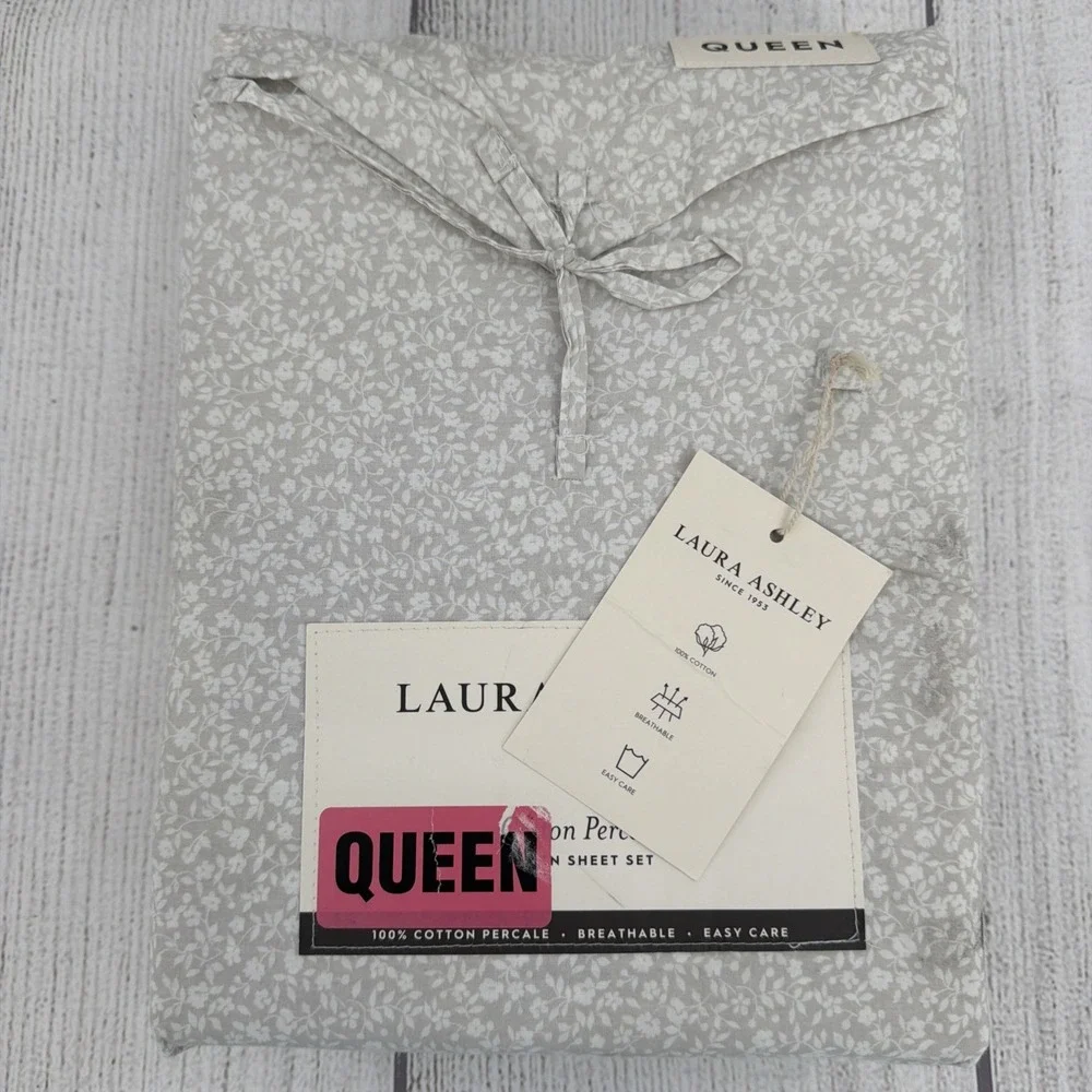 Laura Ashley Sheet Set QUEEN Chelsie Vine Gray White Petite Floral Farmhouse